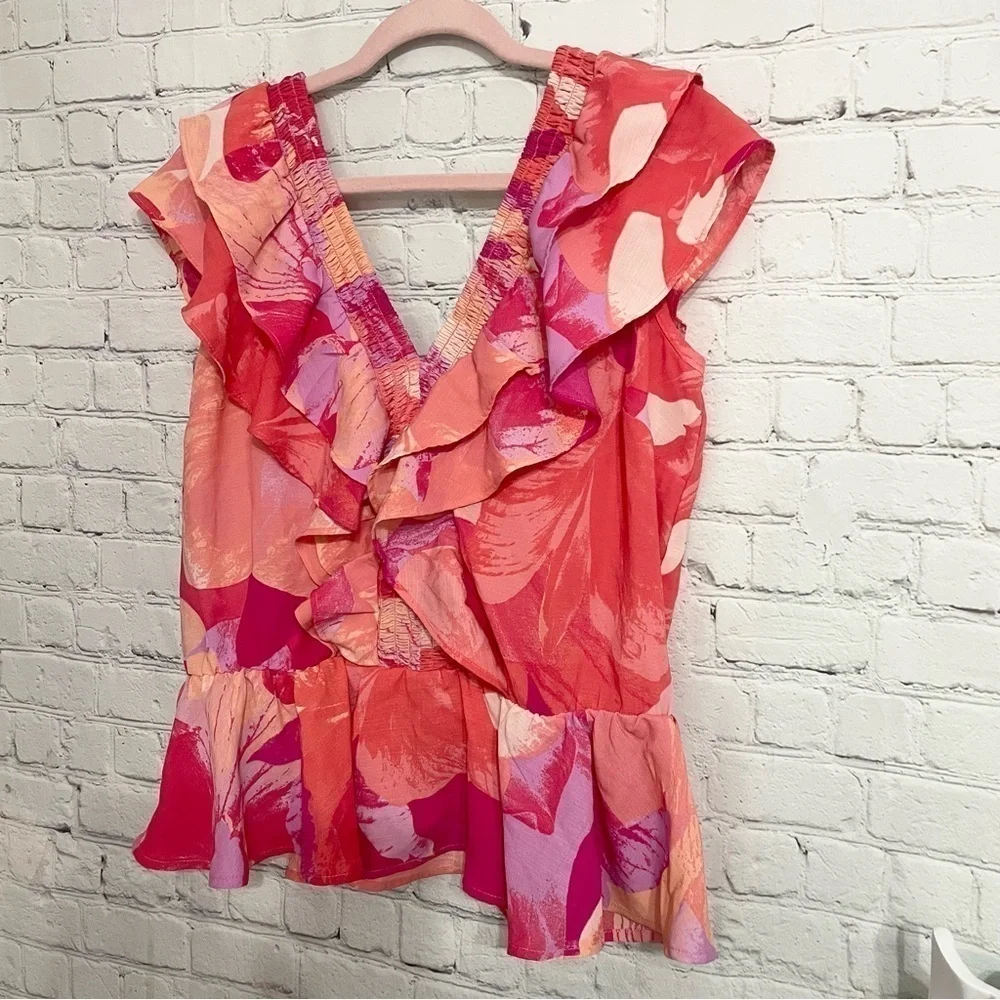 Pink Orange Purple Ruffle Summer Deep V- Neck Top Size Medium - Picture 3 of 7